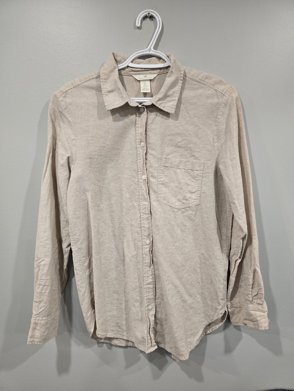 H&M Light Beige Long-Sleeve Casual Button-Down Shirt Linen Blend